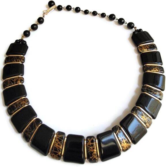 1980s Black Glass & Gold-Tone Bead Choker - Vintage Elegance - Made in Germany - Picture 2 of 10